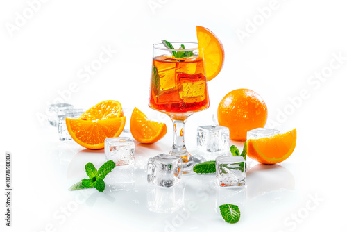 Refreshing summer cocktail with orange, mint and ice on white background