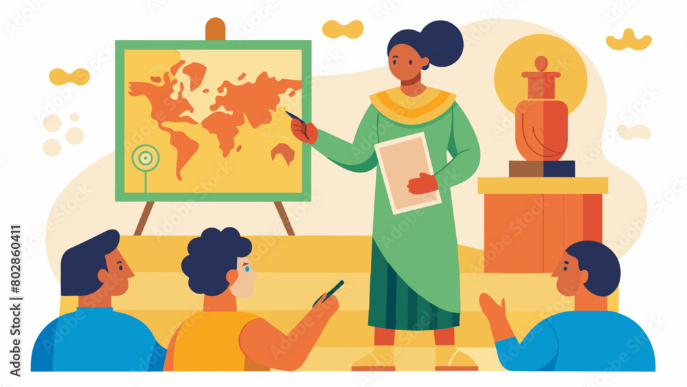 A person with autism giving a lecture on ancient history using detailed maps and artifacts to transport the audience back in time.. Vector illustration A person with autism giving a lecture on ancient history using detailed maps and artifacts to transport the audience back in time.. Vector illustration
