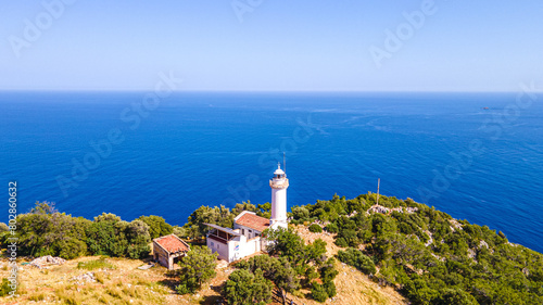 The scenic view of Gelidonya Lighthouse, which is one of the guide lighthouses of the Mediterranean, on the historical Lycian Way, Kumluca, Antalya.