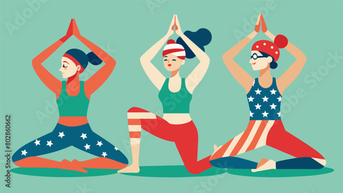 A group of yogis saluting the sun while donning stars and stripes headbands and tank tops.. Vector illustration