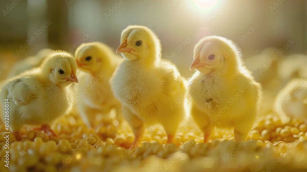 Yellow baby chickens were grounding in the farm to started feeding in the chicken farm business