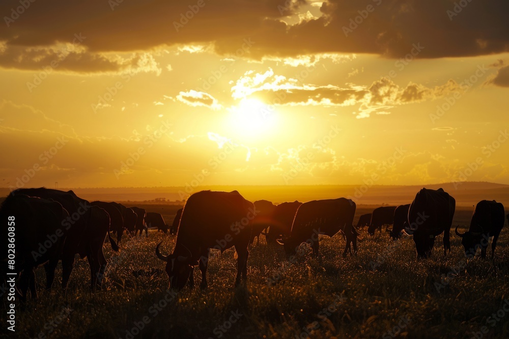Marvel at the majestic silhouette of a herd of animals grazing in a field at sunset, their dark shapes standing out against, Generative AI Marvel at the majestic silhouette of a herd of animals grazing in a field at sunset, their dark shapes standing out against, Generative AI