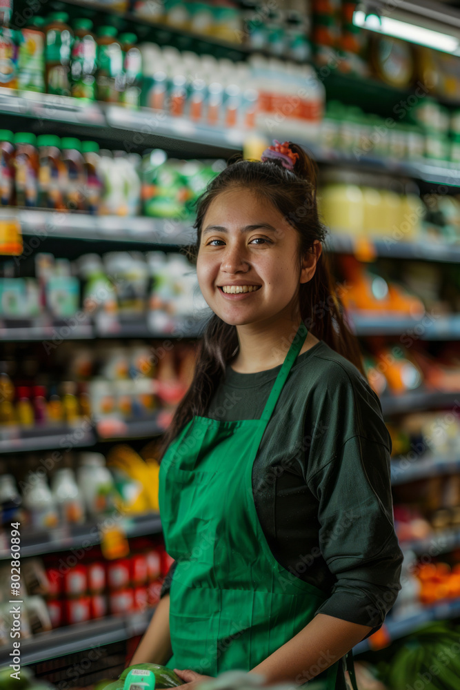 A female supermarket worker, wearing a green apron, standing in the store, smiling at the camera.