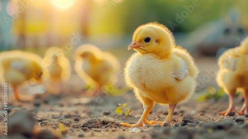 Yellow baby chickens were grounding in the farm to started feeding in the chicken farm business