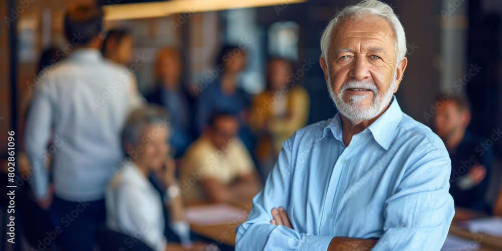 A confident senior business man standing in an office, a group of people visible in the background. A confident senior business man standing in an office, a group of people visible in the background.