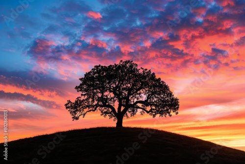 Marvel at the majestic silhouette of a lone tree on a hilltop at sunset  its branches reaching out like dark tendrils against   Generative AI