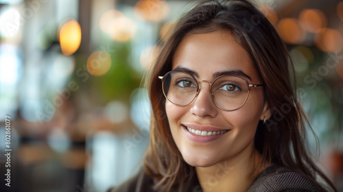 A beautiful business woman wearing glasses in an office, sitting at a table and smiling at the camera. © Duka Mer