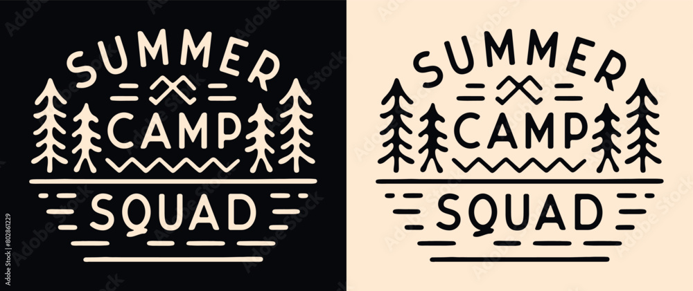 Summer camp squad crew lettering camper badge camping emblem. Forest lake retro vintage aesthetic illustration for matching friends school trip scout animator teacher logo shirt design print vector.