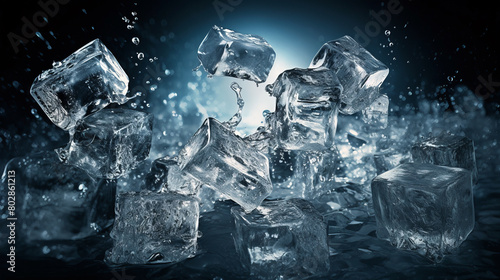 Ice cubes falling with splashes on black background