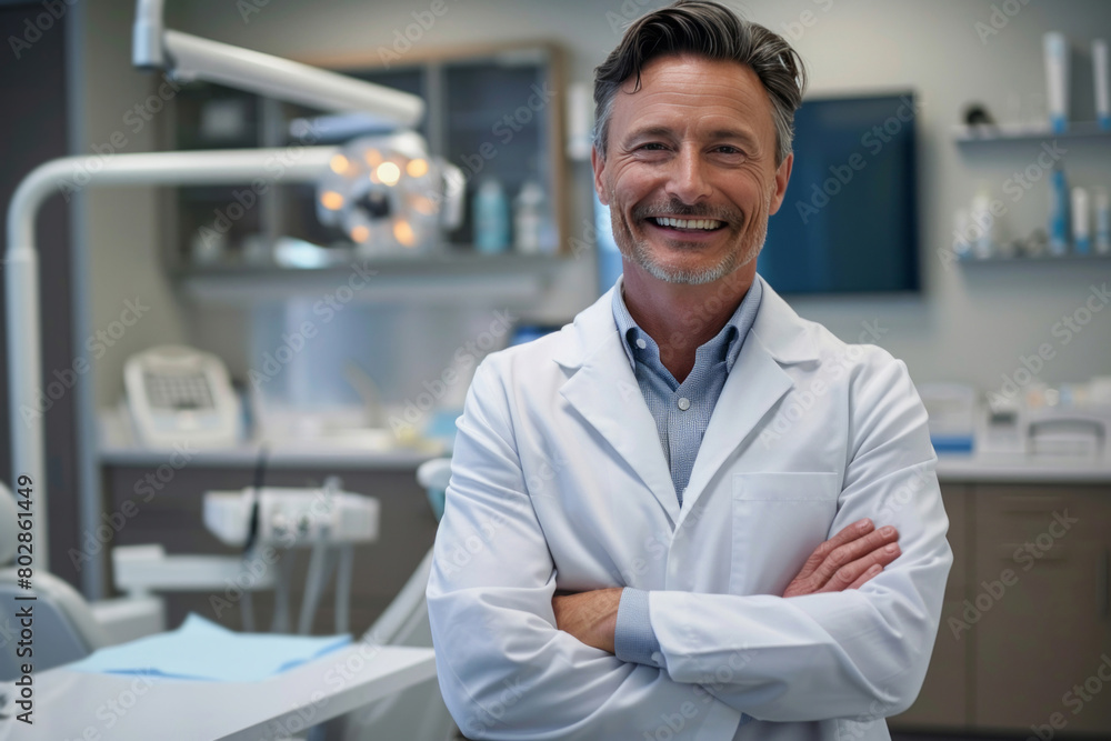 An attractive male dentist in his mid-40s, wearing professional attire, standing with arms crossed, smiling at the camera, and looking confident inside a modern dental office. An attractive male dentist in his mid-40s, wearing professional attire, standing with arms crossed, smiling at the camera, and looking confident inside a modern dental office.