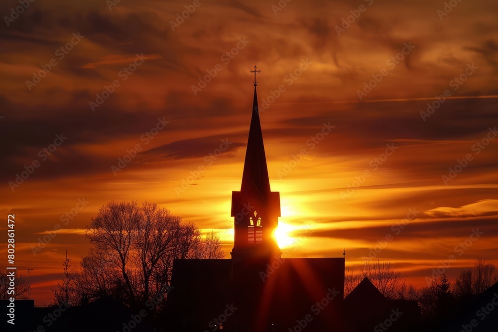 Obraz premium Step into the tranquil silhouette of a church steeple against the backdrop of a golden sunset, its silhouette standing out against, Generative AI