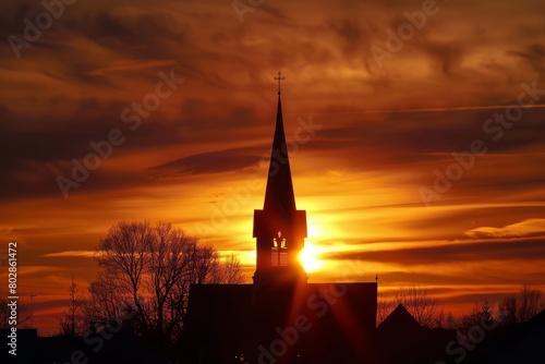 Step into the tranquil silhouette of a church steeple against the backdrop of a golden sunset, its silhouette standing out against, Generative AI