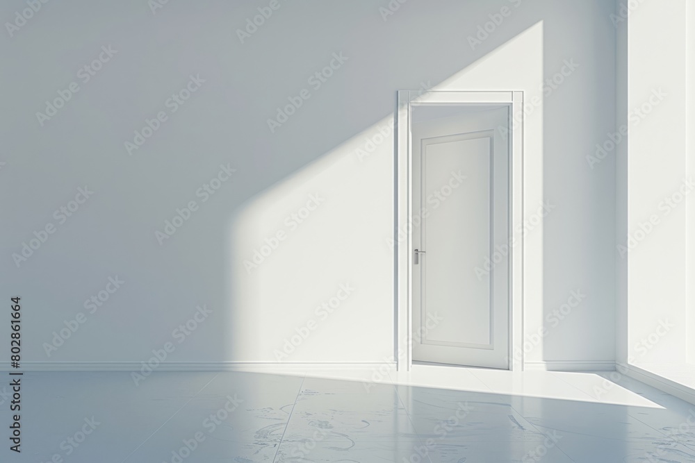 An empty room with a white background color, featuring an open door on the wall. An empty room with a white background color, featuring an open door on the wall.