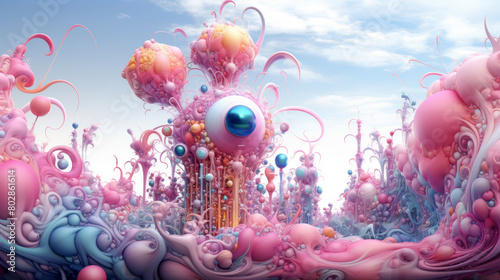 3d illustration of abstract quirky pink and blue digital artwork with eyeball shapes, surreal kitsch