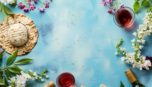 Frame made of flatbread matza, wine, Torah, kippah and alstroemeria flowers on color background photo