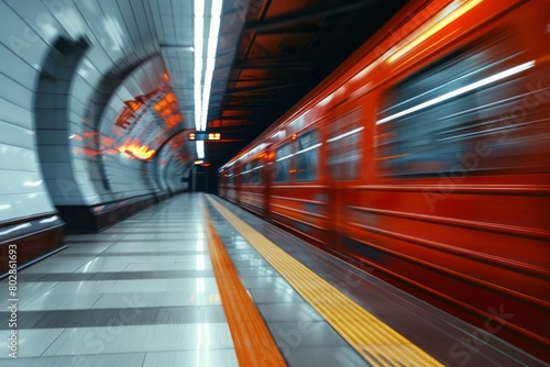 The city's subway passing by at high speed, its bright red color contrasting with the blurred background.