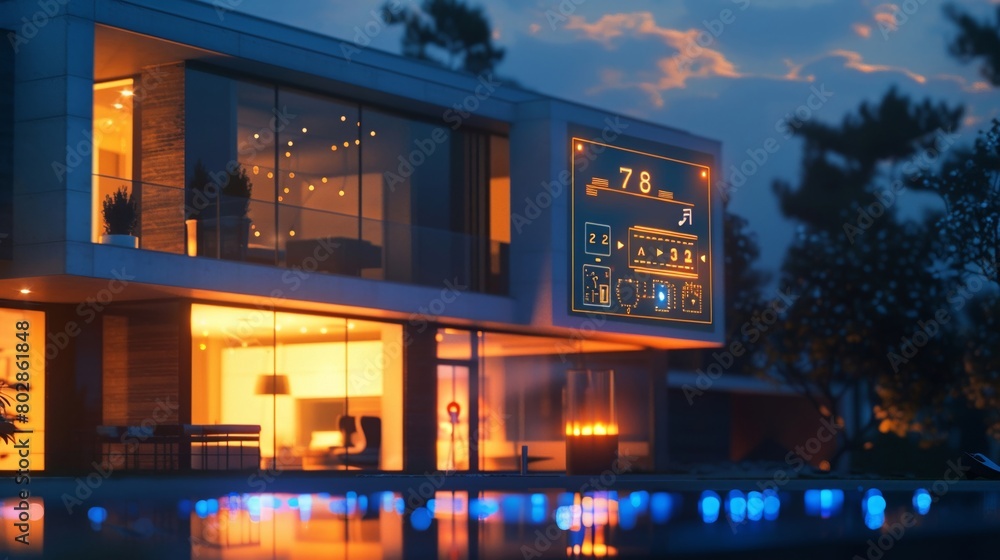 Modern smart home display showing an activated security alarm system digital interface illuminated emphasizing home safety Modern smart home display showing an activated security alarm system digital interface illuminated emphasizing home safety