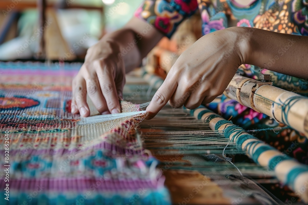 Obraz premium Asian woman weaving fabric on a loom. Close-up of working hands