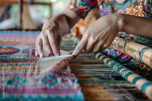 Asian woman weaving fabric on a loom. Close-up of working hands photo