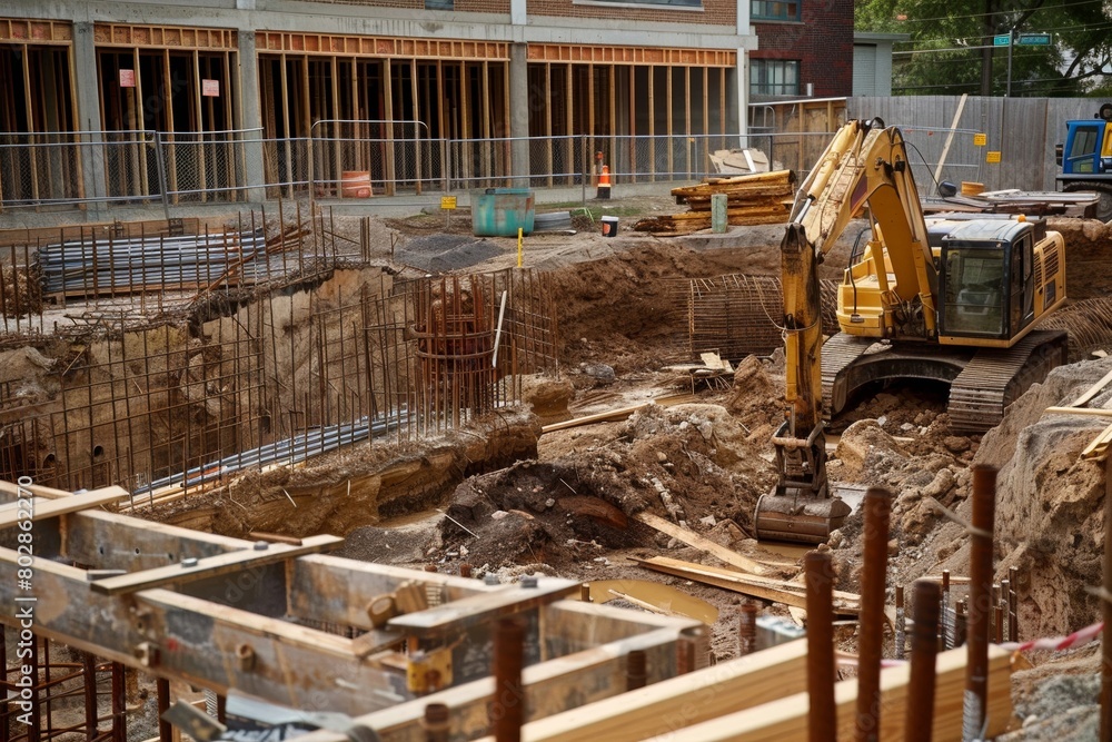 A construction site filled with machinery, workers, and equipment. A construction site filled with machinery, workers, and equipment.