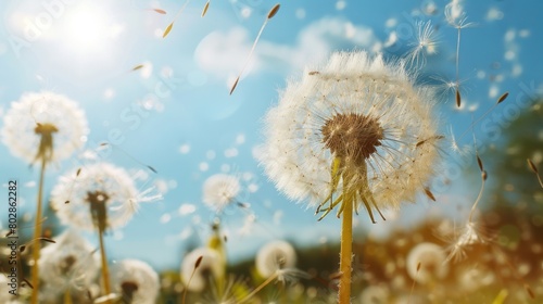 Dandelion seeds blowing in the wind on a sunny day  with a soft-focus background.