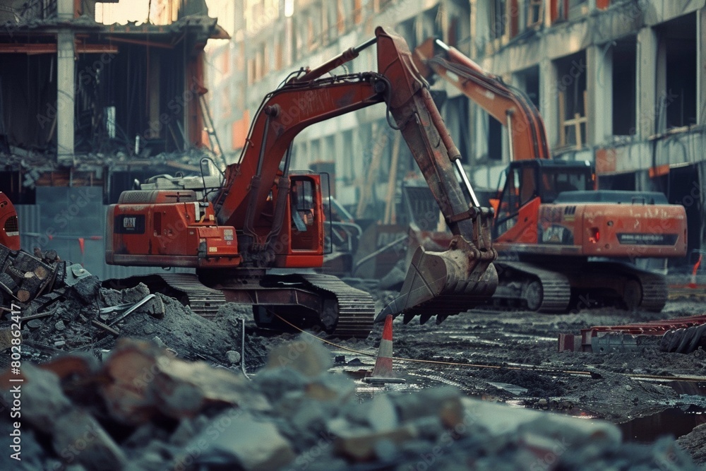 A construction site filled with machinery, workers, and equipment. A construction site filled with machinery, workers, and equipment.