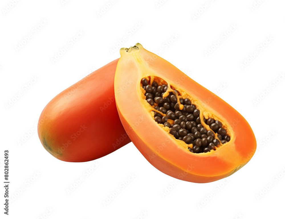 Whole and halved ripe papaya fruit, showing bright orange papaya fruit contents and black seeds. Generative AI Whole and halved ripe papaya fruit, showing bright orange papaya fruit contents and black seeds. Generative AI