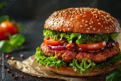 Delicious Chicken Burger With Lettuce, Tomato, and Sauce