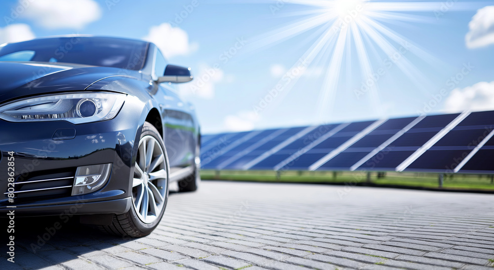 Obraz premium Modern hybrid eco car against the background of solar panels. Alternative ecological energy and fuel concept