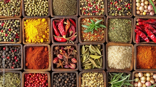 Assorted spices in square compartments, top view. Vibrant colors and textures, culinary variety concept.
