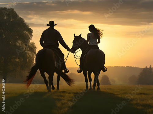 cowboy riding horse at sunset