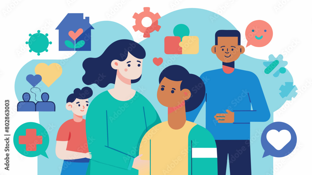 A person with Tourettes Syndrome and their partner work together to educate friends and family on their condition helping them understand the. Vector illustration A person with Tourettes Syndrome and their partner work together to educate friends and family on their condition helping them understand the. Vector illustration