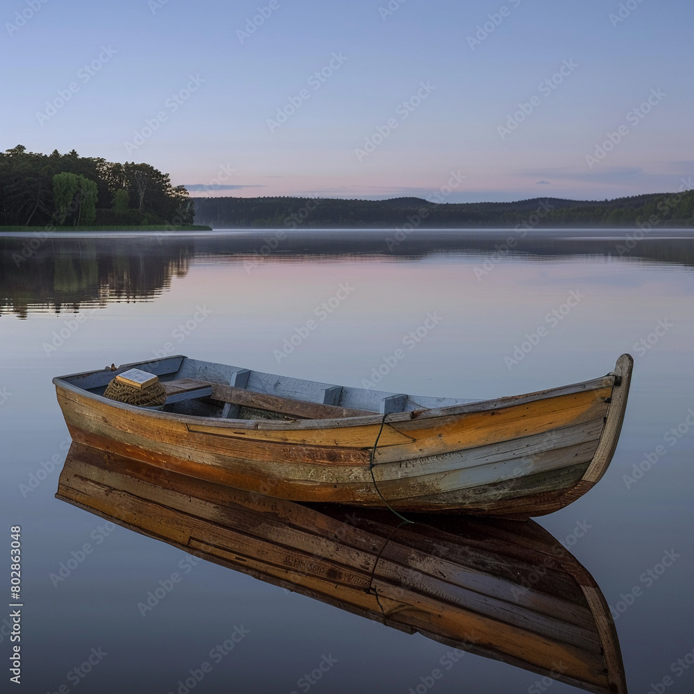 Obraz premium Old, wooden rowboat on a calm lake at dawn, a Bible its only cargo, a journey into stillness, super realistic