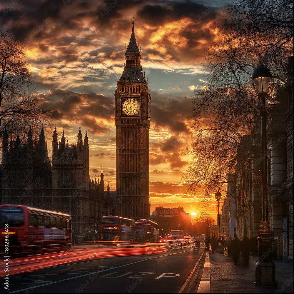 London big ben in sunset with sun and traffic