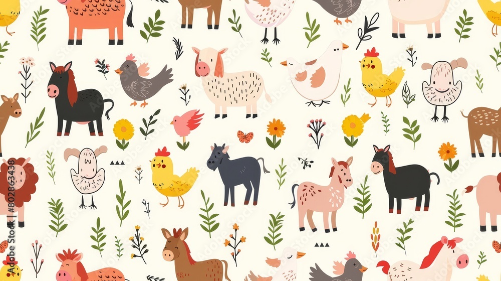 A seamless pattern with cute farm animals