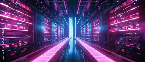 Futuristic server room with neon lights, representing high-tech data center.