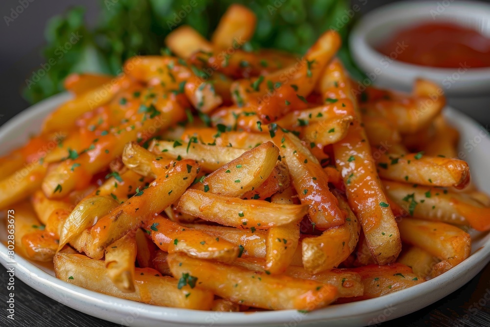 White Bowl Filled With Cheesy French Fries White Bowl Filled With Cheesy French Fries