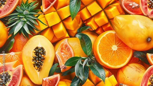 A variety of tropical fruits, including mangos, papayas, and oranges.