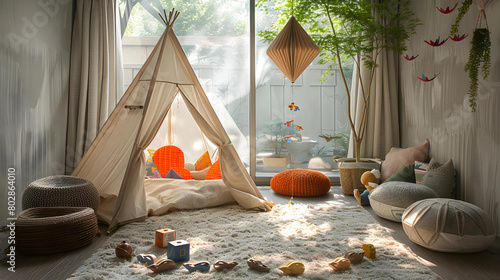 Dreamy Escape: Sunlight filters through sheer curtains, casting dappled patterns on the walls of the room. A child-sized tent occupies one corner, its entrance inviting exploration and discovery. 