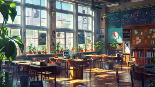Comfortable classroom in anime art style.