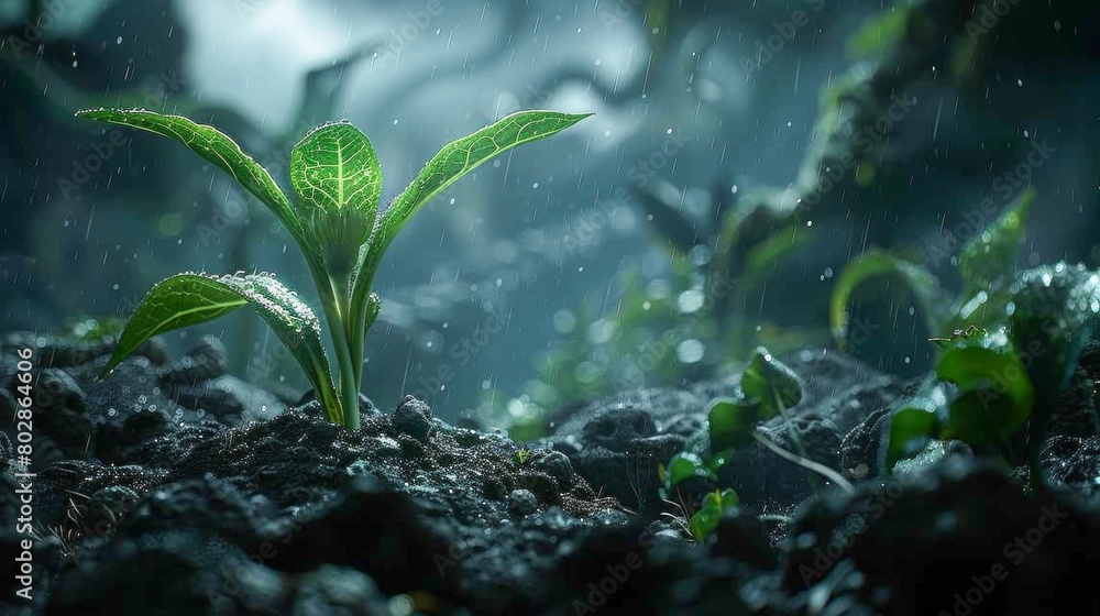Seed sprouting with a backdrop of towering alien plant life soft rain Seed sprouting with a backdrop of towering alien plant life soft rain