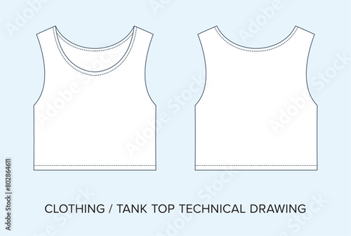 Blank Tank Top Technical Drawing, Apparel Blueprint for Fashion Designers. Detailed Editable Vector Illustration, Black and White Womens Clothing Schematics, Isolated Background