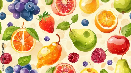 Colorful seamless pattern with various fruits. Vector illustration.