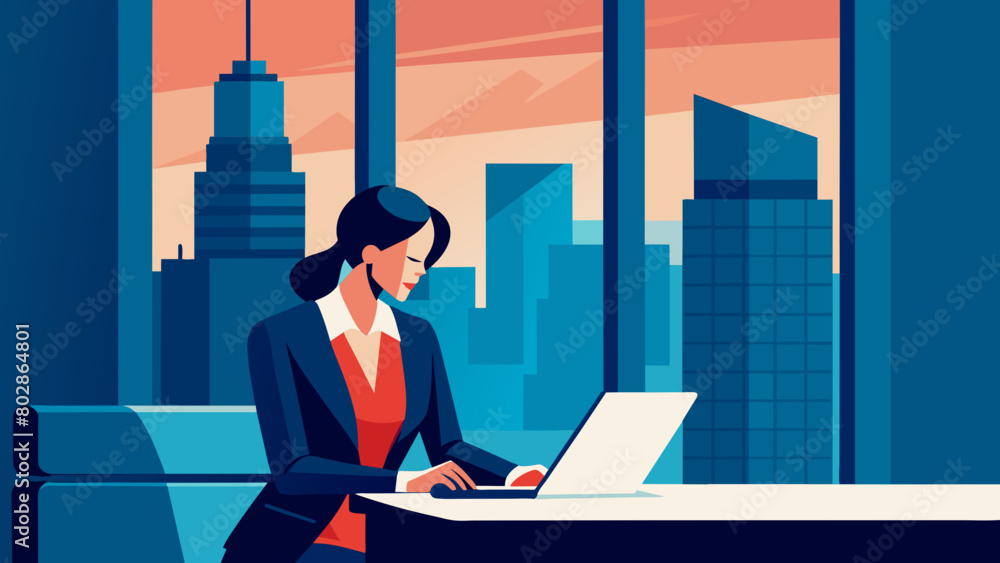 Obraz premium Professional Woman Working on Laptop in Modern City Office at Dusk