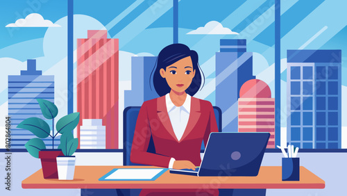 Confident Businesswoman Working at Office Desk in Urban Setting