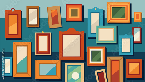 A wall covered in an eclectic mix of thrifted picture frames ready to be transformed into unique and eyecatching collages by an artist with a love for. Vector illustration © Justlight