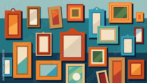A wall covered in an eclectic mix of thrifted picture frames ready to be transformed into unique and eyecatching collages by an artist with a love for. Vector illustration