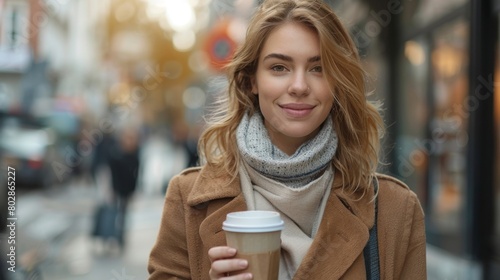Smiling woman holding coffee on the street 