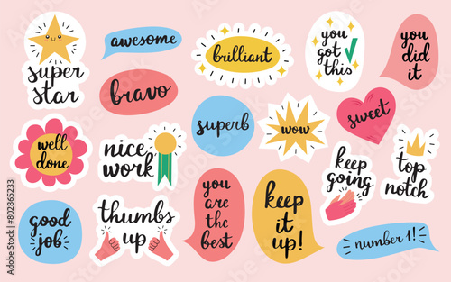 Big set with 18 cute appreciation phrases, encouraging stickers or badges, isolated on a pink background. Hand drawn vector illustrations