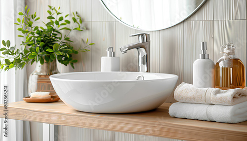 Table with sink bowl  soap dispenser and bath accessories in bathroom